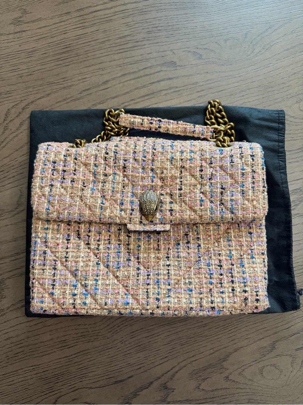 Kurt Geiger Pink Beige Tweed Shoulder Bag with Gold Chain